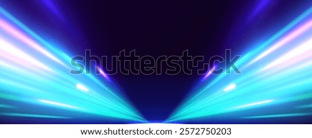 Horizontal night road in the form of a panorama with neon lights. Sport car is made of polygons, lines and connected dots. Car motion trails. Speed line motion vector background.	