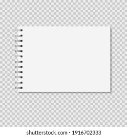 Horizontal notepad mock up on transparent background. Blank pages, copybook with metal spiral template. Realistic closed notebook vector illustration.