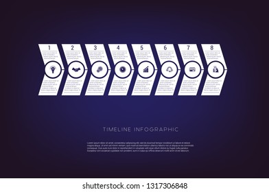 Horizontal numbered arrows. Concept  illustration or background. Timeline infographic. Vector monochrome template 8 positions for text area, possible to use for workflow, banner, diagram, web design