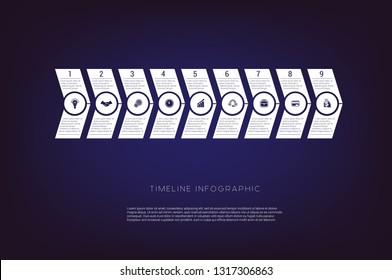 Horizontal numbered arrows. Concept  illustration or background. Timeline infographic. Vector monochrome template 9 positions for text area, possible to use for workflow, banner, diagram, web design