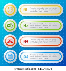 Horizontal numbered business banners set with colorful frames and round icons isolated on blue background flat vector illustration