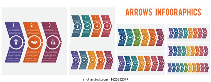 Horizontal numbered color arrows. Text template infographic for 3 4 5 6 7 8 9 10 positions 