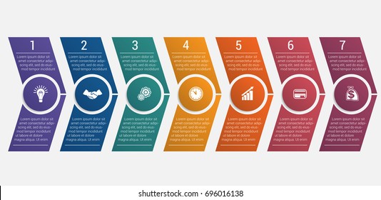 Horizontal numbered color arrows with text template infographic for seven positions
