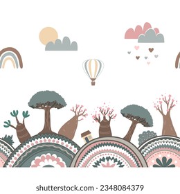 Horizontal nursery seamless doodle background with textured hills, sky, and doodle adenium and dragon trees. Cartoon hand drawn vector border illustration landscape.