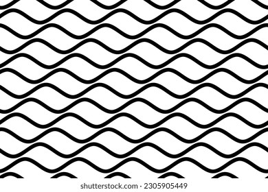 Patrón horizontal de tejido de rayas de onda oceánica. Líneas onduladas de movimiento geométrico negro sobre el vector de fondo blanco. Tiras de curva de ilusión óptica abstracta. Patrón de baldosas de cerámica en pared y suelo.