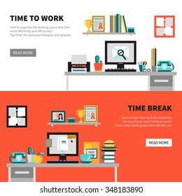 Horizontal office banners with workspace design concept sets and labels time work and time break vector illustration