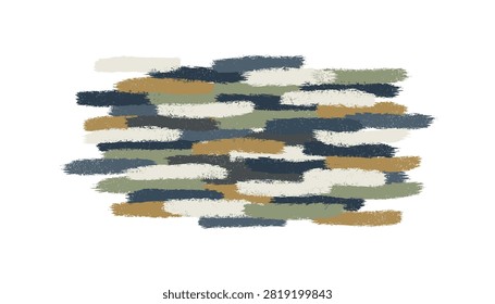 Horizontal oil brush strokes in earthy camouflage tones including green, brown, and navy blue over a white background.