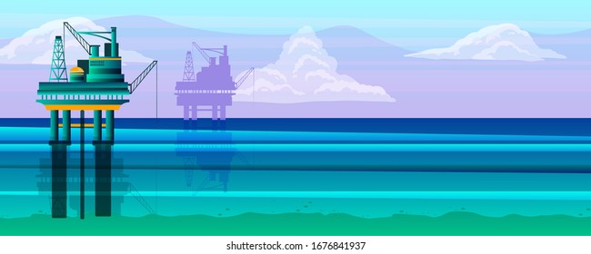 Horizontal oil industry banner with ocean platforms and copy space in trendy blue colors. Seascape with clouds and azure water. Water pollution environmental concept for ecological projects 