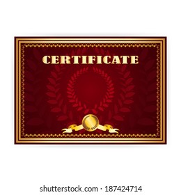 Horizontal old certificate with a laurel wreath on a dark red background