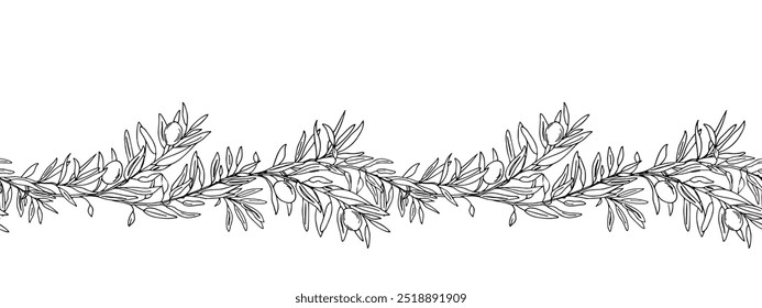 Horizontal Olive Branch Seamless Border Pattern. Hand drawn Ink Botanical Vector illustration. Can be used for fabric, kitchen textile, packaging prints, frames, adhesive tape and paper design.