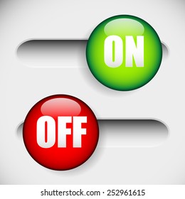 Horizontal On and off, power button at 2 states. UI, GUI element. Green and red power buttons.