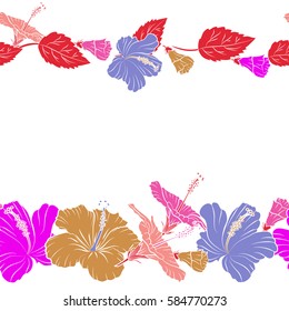 Horizontal on a white background. Vector hand drawn hibiscus flowers in violet, red and pink colors with copy space (place for your text).