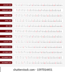 Horizontal one line calendar 2020, One line calendar template for you design. Vector template.