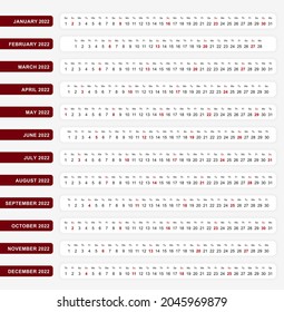 Calendario horizontal de una línea 2022, plantilla de calendario de una línea para su diseño. Plantilla de vectores.