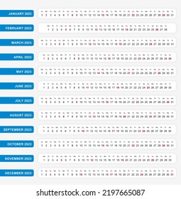 Horizontal one line calendar 2023, One line calendar template for you design. Vector template.