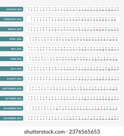 Horizontal one line calendar 2024, One line calendar template for you design. Vector template.