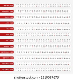 Calendário horizontal de uma linha 2025, Modelo de calendário de uma linha para você projetar. Modelo de vetor.