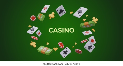 Horizontal online casino concept on green background. Frame of realistic game elements, place for text. Money, chips, cards. Modern gambling games, site and application advertising