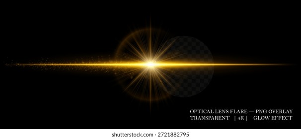 Horizontale optische Linsenfackel mit glühendem Staub und Lichtstrahl. Ideal für filmische Overlays, Highlight-Akzente und futuristische Designkompositionen.