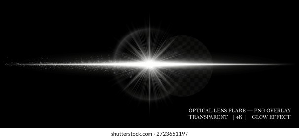 A lente óptica horizontal flare com poeira brilhante e feixe luminoso. Excelente para sobreposições cinematográficas, destaques e composições de design futurista.