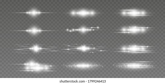 Luz de lente óptica horizontal, rayas brillantes, tiras de brillo de nivelación futurista nocturna, conjunto de vectores de luz estelar flash.  Efecto luminoso especial brillante.
