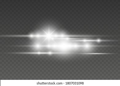 Horizontales optisches Objektivlicht, glänzende Streifen, Blitzlicht. Magische Strahlfackel, helle Linsengläser waagerecht
