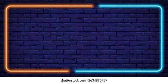 Horizontal marco de neón azul naranja en la pared de ladrillo