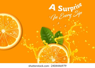 Horizontal Orange Juice banner with 3D realistic advertising of orange juice, splashes