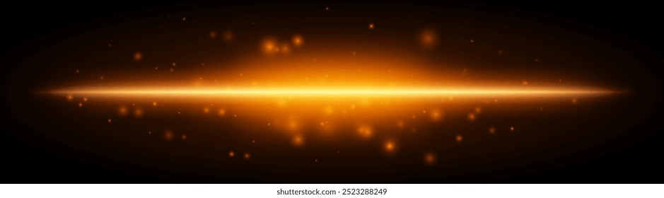 Horizontal orange light effect isolated on dark background. Bright glowing beam with sparkles and lens flare. Graphical patch of reflected light. Abstract rays. Vector illustration.