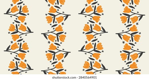 Horizontal Orange Tulip Flowers Border Background Template with Stars
