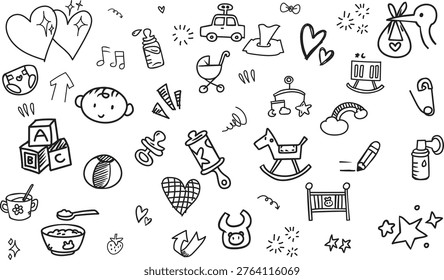 A horizontal orientation doodle pattern depicting various baby care items