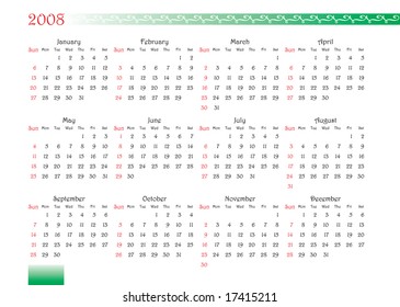 horizontal oriented calendar grid of 2008 year with decorated font and ornament