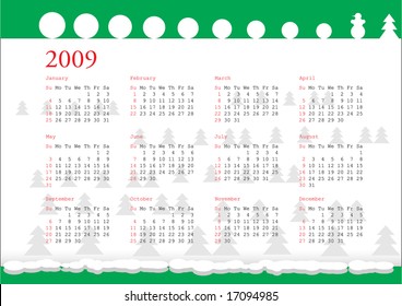horizontal oriented calendar grid of 2009 year with winter image