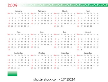 horizontal oriented calendar grid of 2009 year with decorated font and ornament