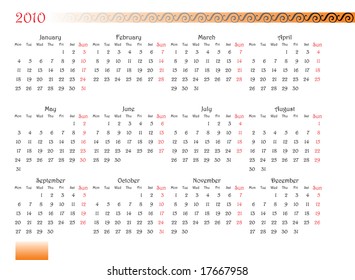 horizontal oriented calendar grid of 2010 year with decorated font and ornament. Monday is first day of week