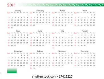 horizontal oriented calendar grid of 2011 year with decorated font and ornament