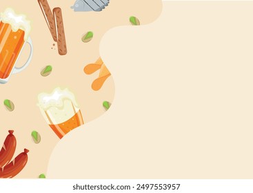 horizontal original Oktoberfest poster template with glasses of beer and various snacks, vector	