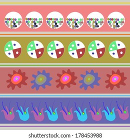 Horizontal ornament with colorful flowers and circles.
