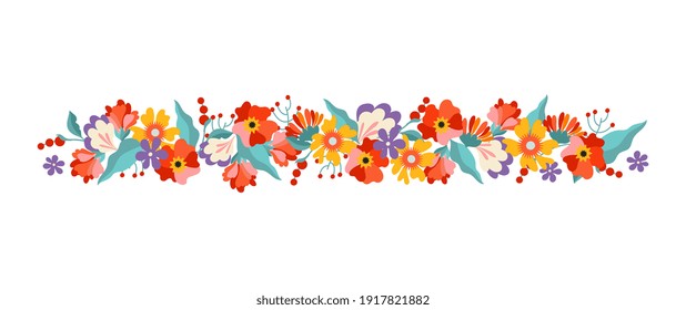 Horizontal ornament in flat style from spring flowers. Vector illustration.