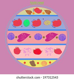 Horizontal ornament with flowers, vases and leaves in a circle with text.