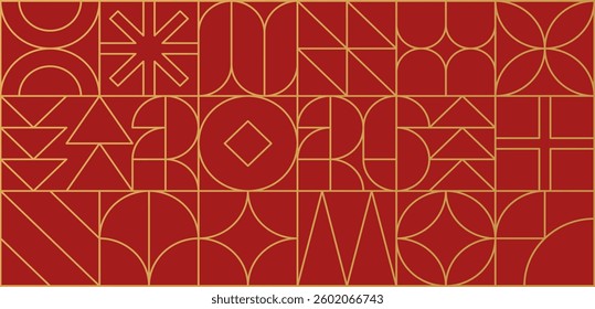 Horizontal outline abstract background with Chinese New Year 2026. Number and geometric shape in retro style in red, yellow and gold color. Seamless pattern for calendar, wallpaper. Vector EPS10