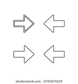 Horizontal outline arrows. Left and right pointers. Simple line icons. Navigation symbols. Minimalist set design.