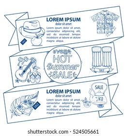 Horizontal outline banner with space for text on a summer theme. Resorts, vacation, tourism, sale design elements.