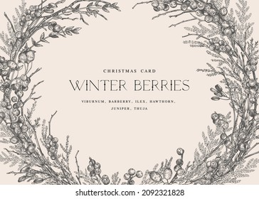 Horizontal oval frame with berries and conifers.
Vintage Christmas card. Vector botanical illustration. Black and white.