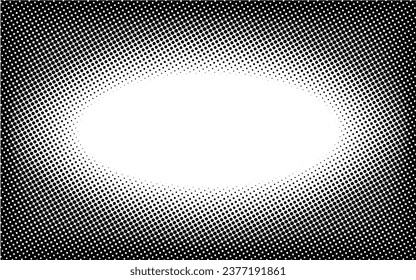 Horizontal oval frame gradient halftone dotted background. Dots texture banner template. Texture overlay grunge distress linear. Black and white duotone faded effect layout. Vector illustration