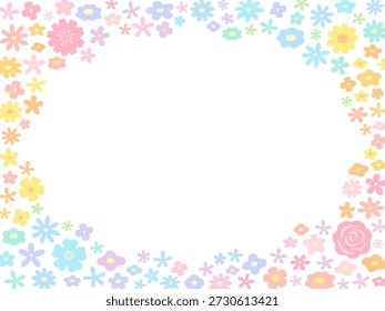 horizontal oval frame surrounded by many small flowers in colorful rainbow color
