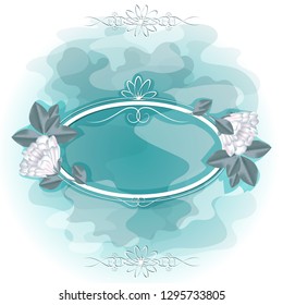 Horizontal oval frame with white flowers and buds. Vector imitation of watercolor background.