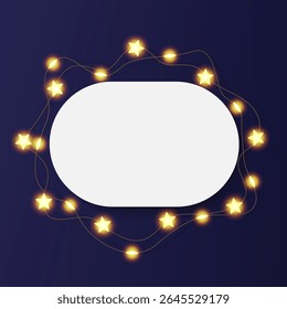 Quadro de imagem oval horizontal decorado com coroa de fio de lâmpada. Placa de foto branca vetor 3d placa arredondada, cartão de pôster de papel em branco com decoração festiva estrela grinalda. Vista do pódio do produto
