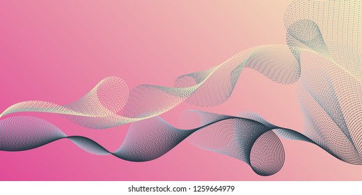 Horizontal overlay lines movement pattern. Reticulated intersecting curves geometry backdrop. Moving bent lines ripple effect graphics. Stylish progressive technology vector wallpaper.