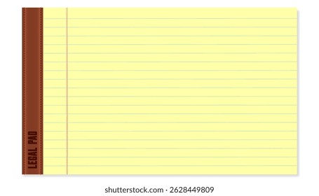Página Horizontal do Bloco Legal. Fundo amarelo da almofada legal com papel revestido. Folha em branco do bloco de notas, design de notebook governado.